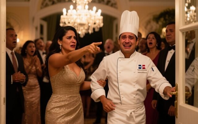 Chef humilde con mandil azul siendo despedida en un penthouse de Santo Domingo durante una fiesta familiar