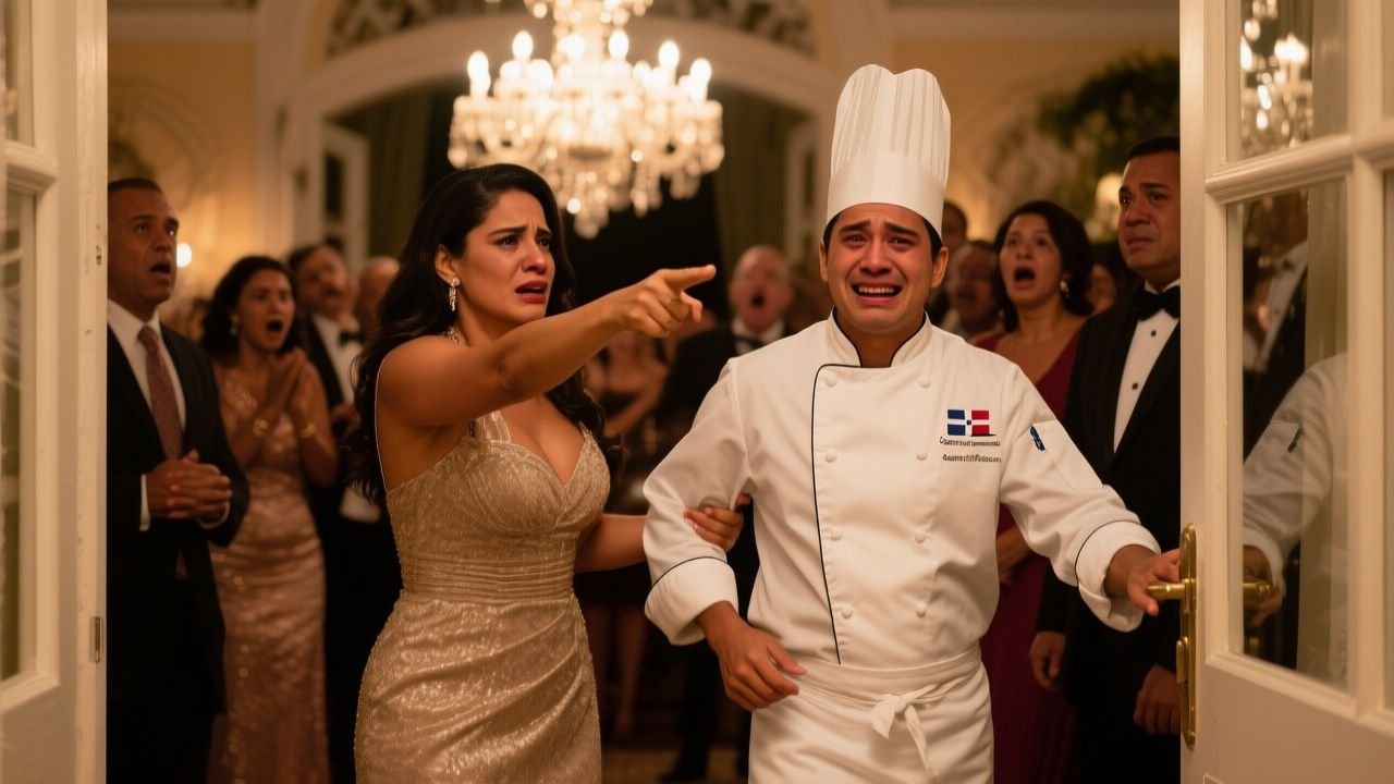 Chef humilde con mandil azul siendo despedida en un penthouse de Santo Domingo durante una fiesta familiar