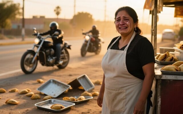 Doña Rosa junto a su puesto de empanadas en la carretera, rodeada de bandejas doradas y su sombrilla desteñida