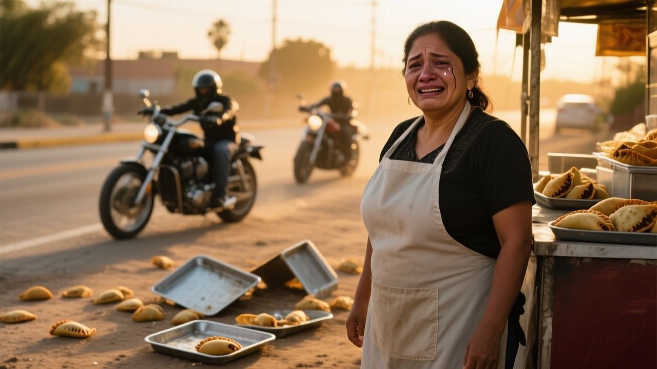 Doña Rosa junto a su puesto de empanadas en la carretera, rodeada de bandejas doradas y su sombrilla desteñida