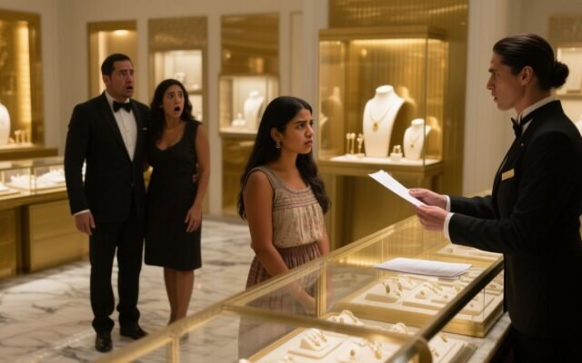 Joven humilde observando un anillo en la vitrina de una lujosa joyería con exhibidores dorados y piso de mármol