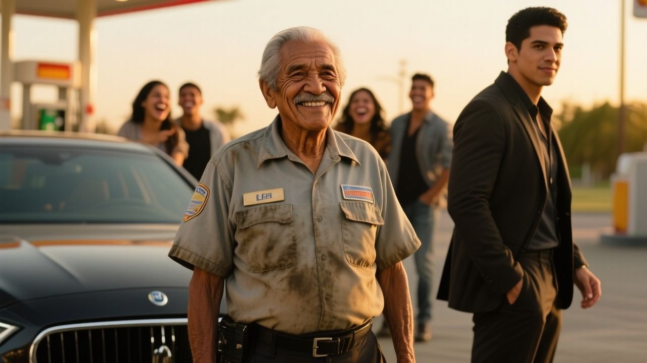 Anciano gasolinero con camisa caqui guardando un billete de cien en el bolsillo mientras un joven arrogante se aleja en auto