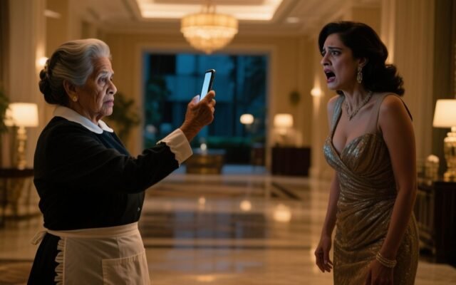 Florista de 68 años de pie frente al mostrador de mármol del lobby de un hotel lujoso mostrando su teléfono
