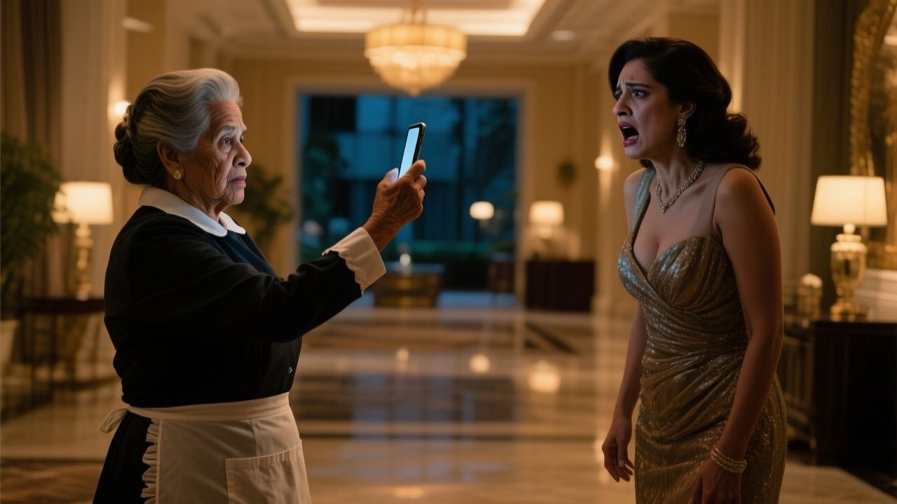 Florista de 68 años de pie frente al mostrador de mármol del lobby de un hotel lujoso mostrando su teléfono