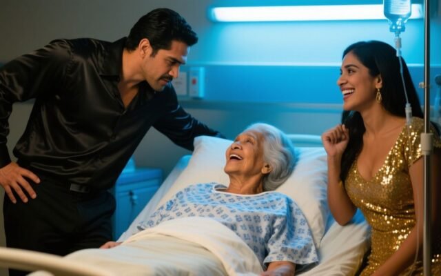 Mujer joven con vestido dorado y hombre con camisa negra junto a su madre anciana en cama de hospital, ambiente tenso de tele