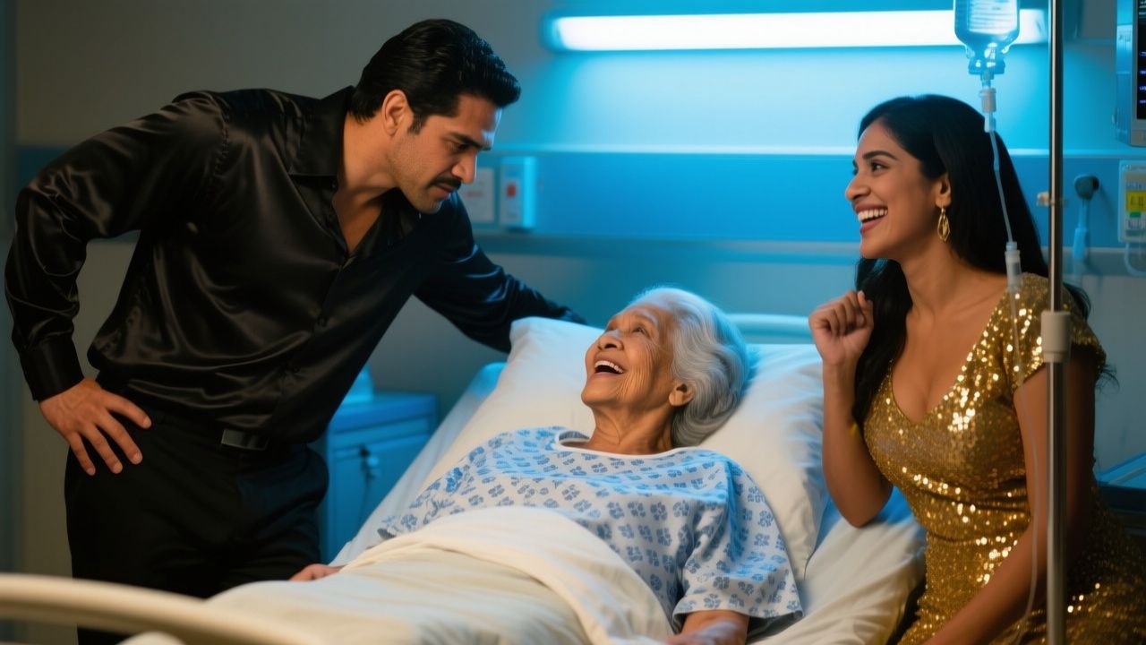 Mujer joven con vestido dorado y hombre con camisa negra junto a su madre anciana en cama de hospital, ambiente tenso de tele