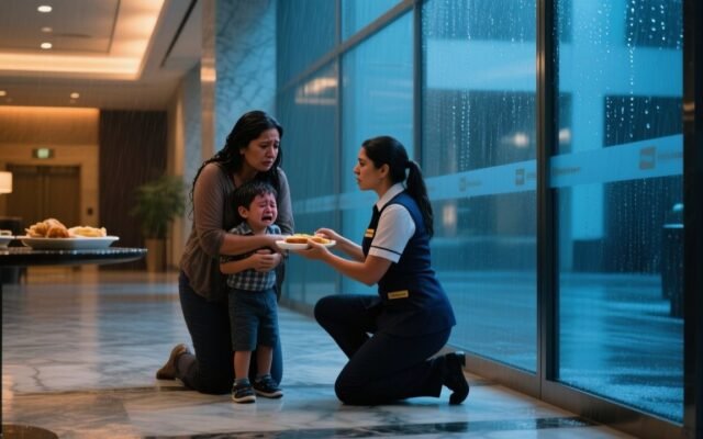 Madre empapada y su hijo pequeño refugiándose de la lluvia en un lujoso vestíbulo corporativo mientras una recepcionista los
