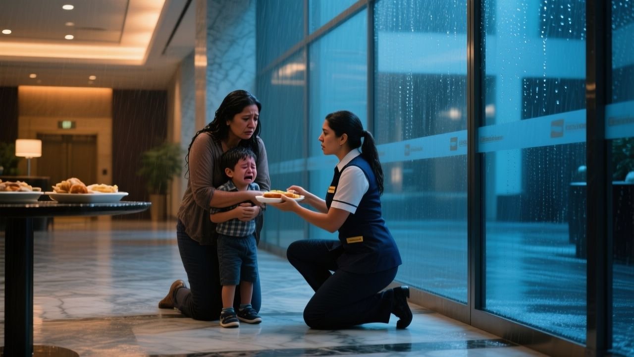 Madre empapada y su hijo pequeño refugiándose de la lluvia en un lujoso vestíbulo corporativo mientras una recepcionista los