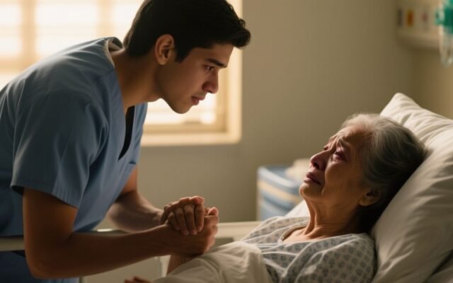 Enfermero sostiene la mano de una anciana paciente en la habitación de un hospital, descubriendo una marca de nacimiento detr