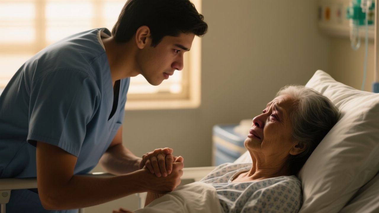 Enfermero sostiene la mano de una anciana paciente en la habitación de un hospital, descubriendo una marca de nacimiento detr