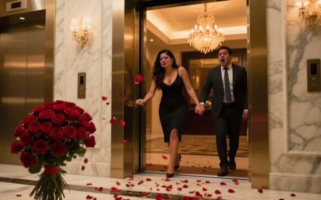 Ramo de 99 rosas rojas tirado sobre el piso de mármol blanco de un lujoso hotel tras una escena de traición