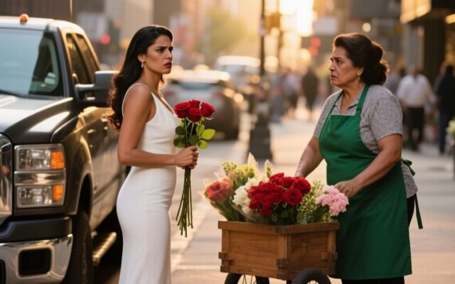 Florista de delantal verde entregando un ramo de rosas rojas a una clienta junto a una camioneta negra