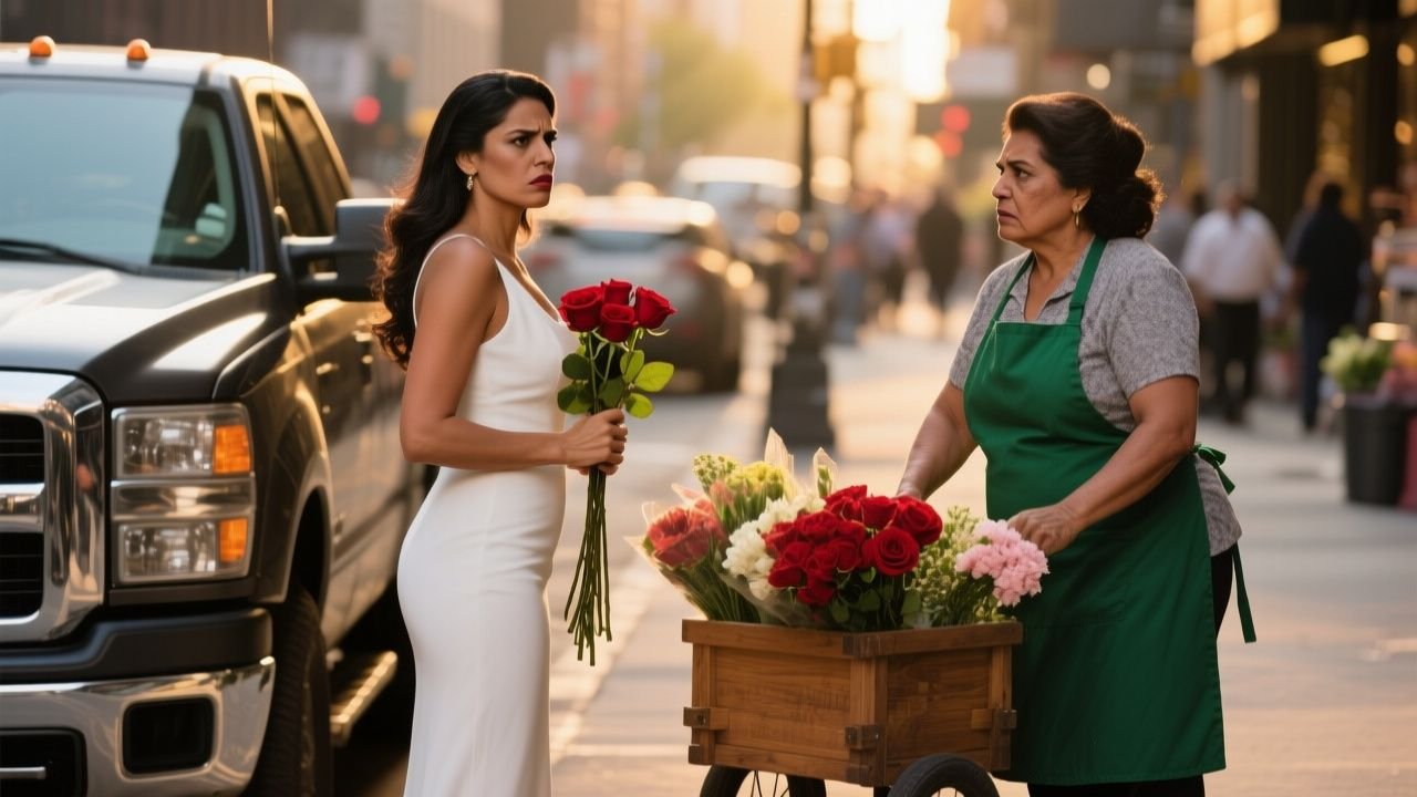 Florista de delantal verde entregando un ramo de rosas rojas a una clienta junto a una camioneta negra