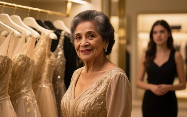 Anciana elegante con bastón y abrigo camel observa un vestido de seda champán en una boutique de lujo mientras una joven empl