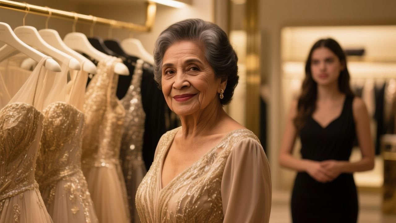Anciana elegante con bastón y abrigo camel observa un vestido de seda champán en una boutique de lujo mientras una joven empl