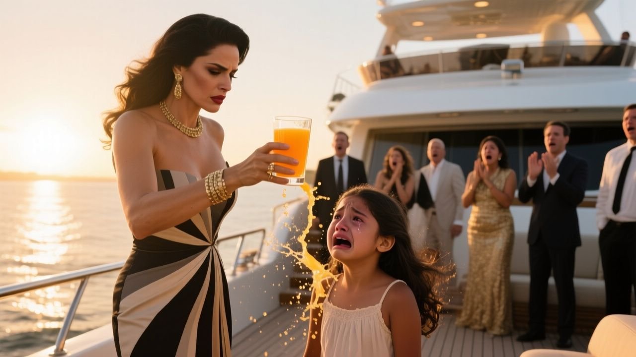 Mujer elegante arrojando jugo a joven mesera en la cubierta de un yate, con la capitana observando