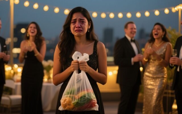 Valeria con vestido azul y bolso de regalo saliendo de una fiesta exclusiva tras ser humillada por su novio Andrés