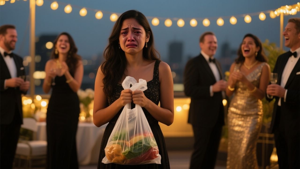 Valeria con vestido azul y bolso de regalo saliendo de una fiesta exclusiva tras ser humillada por su novio Andrés
