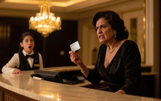 Mujer elegante de vestido azul marino y moño impecable frente al mostrador de recepción de un hotel de lujo exigiendo explica