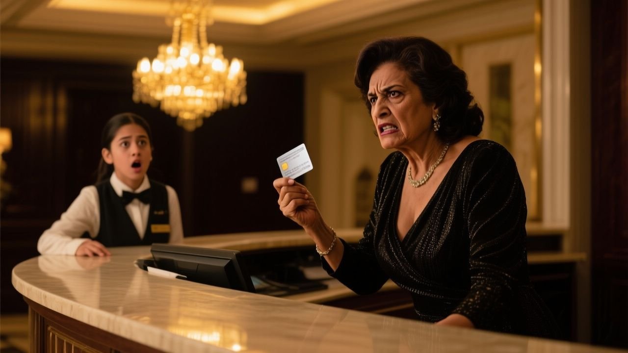 Mujer elegante de vestido azul marino y moño impecable frente al mostrador de recepción de un hotel de lujo exigiendo explica