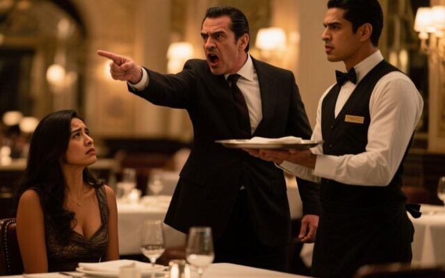Mesero de chaleco negro y corbatín de pie junto a la mesa de un cliente arrogante en un elegante restaurante