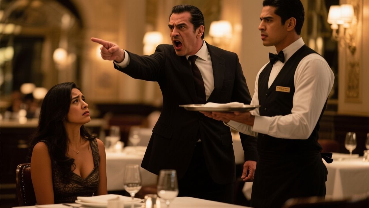 Mesero de chaleco negro y corbatín de pie junto a la mesa de un cliente arrogante en un elegante restaurante