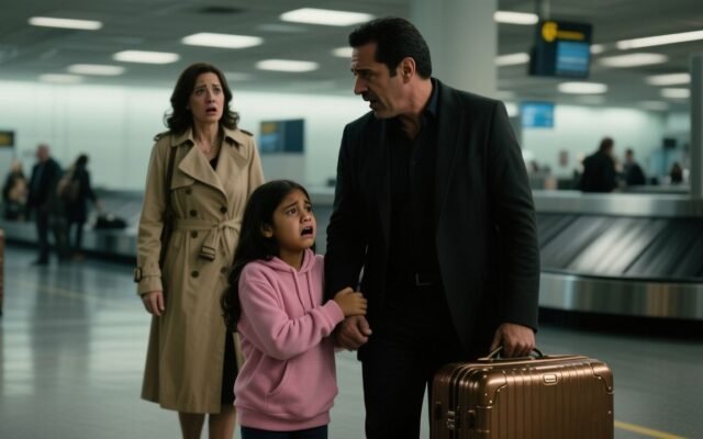 Niña con sudadera rosa llorando agarra el brazo de un hombre junto a una maleta de bronce en el aeropuerto