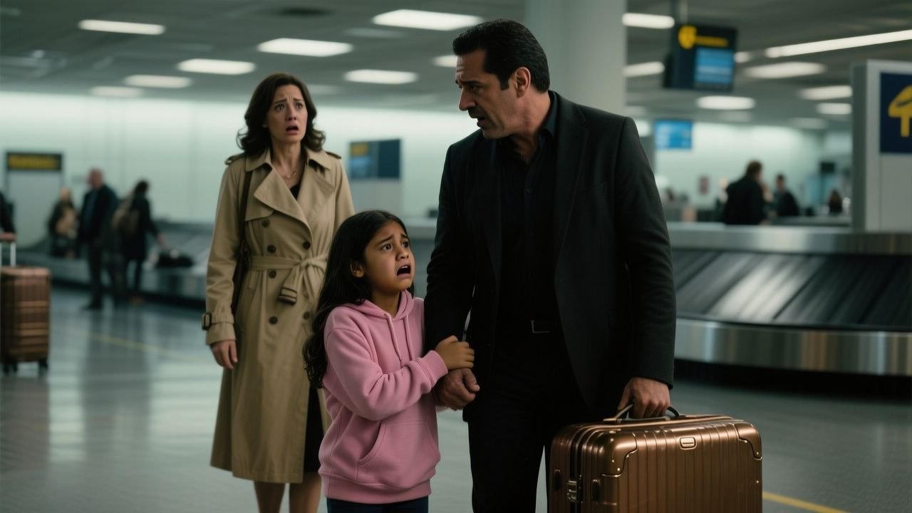 Niña con sudadera rosa llorando agarra el brazo de un hombre junto a una maleta de bronce en el aeropuerto