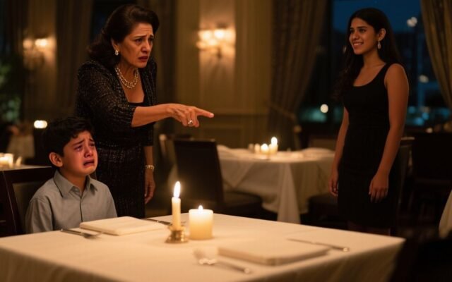 Mujer elegante sonriendo con calma tras ser humillada en una cena de lujo, mientras un joven llora a su lado
