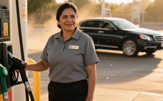 Mujer madura con uniforme gris y gafete en una gasolinera, sosteniendo una manguera bajo el sol de la tarde