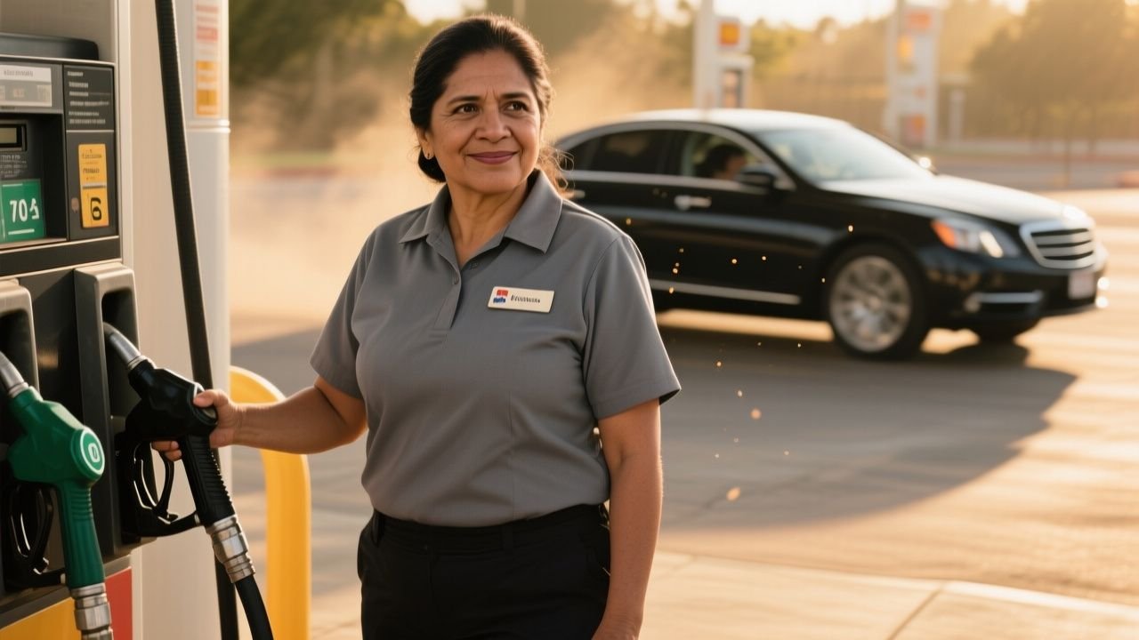 Mujer madura con uniforme gris y gafete en una gasolinera, sosteniendo una manguera bajo el sol de la tarde