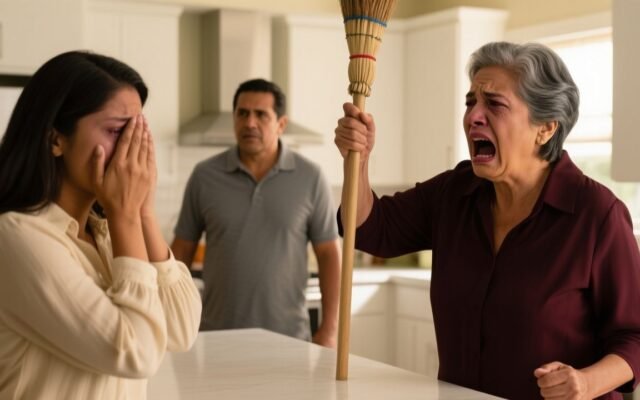 Suegra Latina grita y golpea con una escoba a su nuera en una cocina moderna mientras el esposo observa impasible