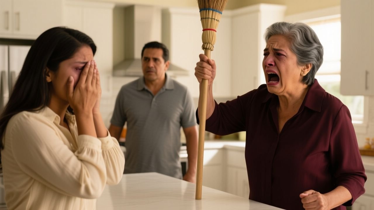 Suegra Latina grita y golpea con una escoba a su nuera en una cocina moderna mientras el esposo observa impasible