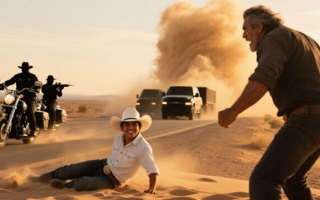 Vaquero de sombrero blanco sonriendo a la cámara tras levantarse del suelo en una carretera del desierto