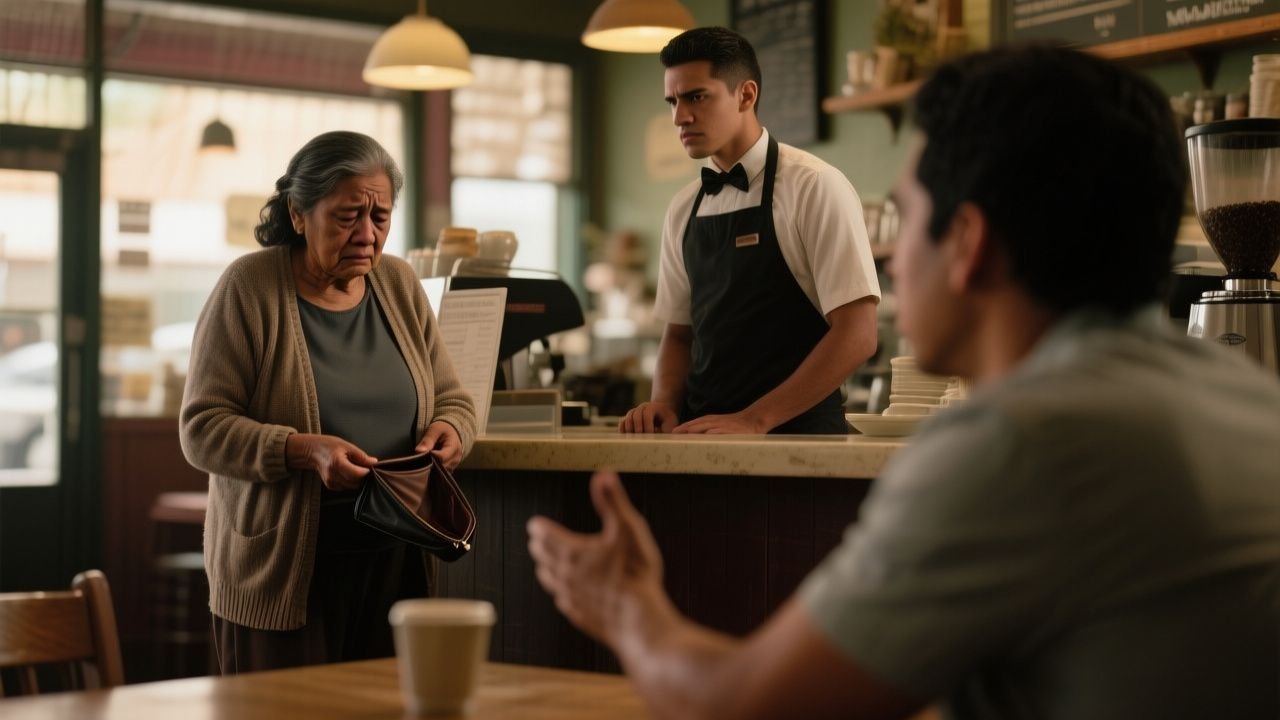 Doña Carmen avergonzada buscando dinero en su cartera mientras el camarero la observa en la cafetería